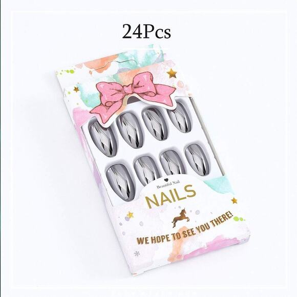 Metal Glossy Long Tapered Coffin Press On Nails Fake False 24 Pc Nail Set - Picture 1 of 8